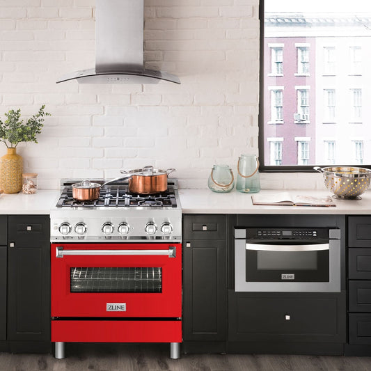 ZLINE 30 in. Dual Fuel Range with Gas Cooktop and Electric Oven in Stainless Steel with Red Matte Door (RA-RM-30)