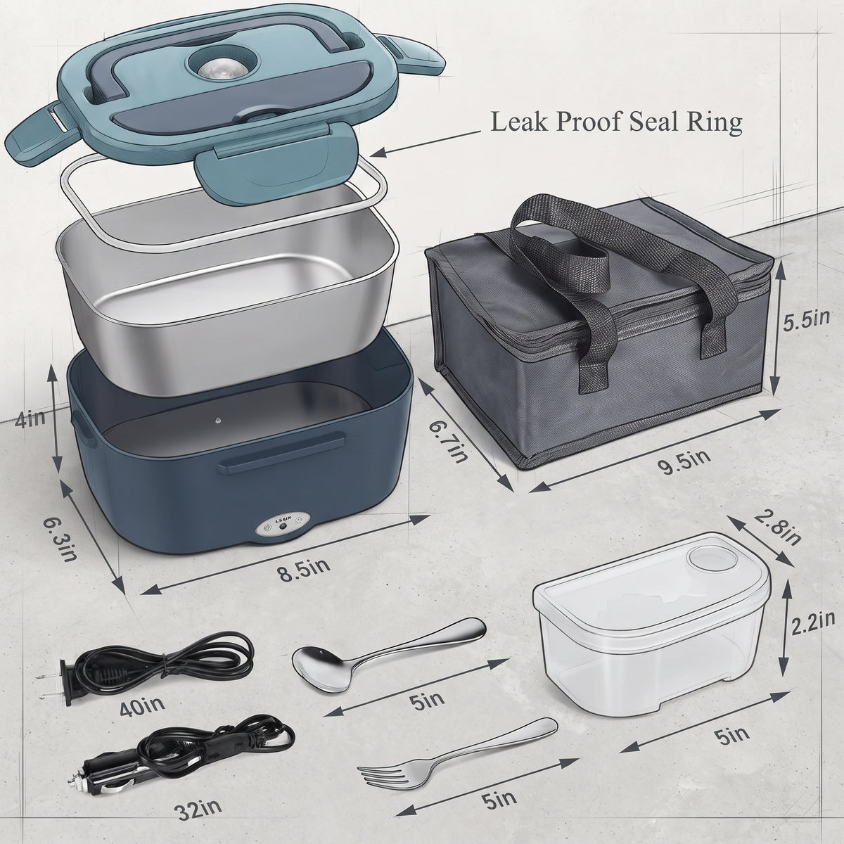 Electric Heated Lunch Box, 1.5L, 110V & 12V/24V, with Insulated Carry Bag