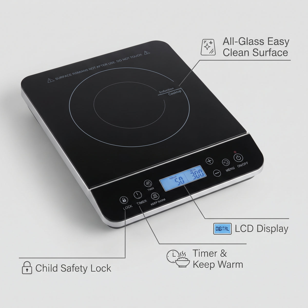 Portable Induction Cooktop, 1800W, 120V, LCD Touch Controls, 20 Power Levels