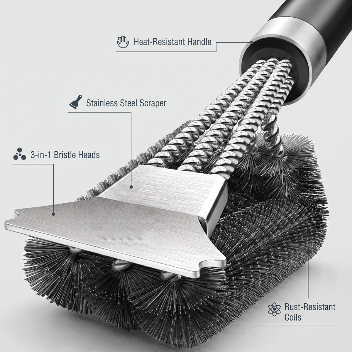 Stainless Steel Grill Cleaning Brush, Triple Head, 18-Inch Handle