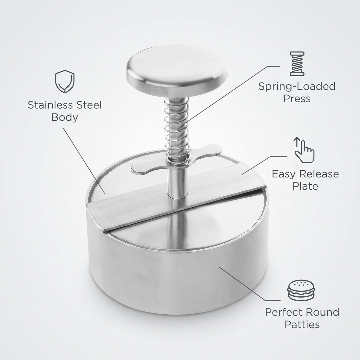 Stainless Steel Burger Patty Press, 5-Inch Diameter, Dishwasher Safe