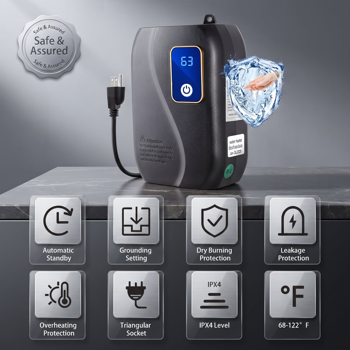 Electric Tankless Water Heater 3000W 110V with LED Temperature Display, Wall Mounted