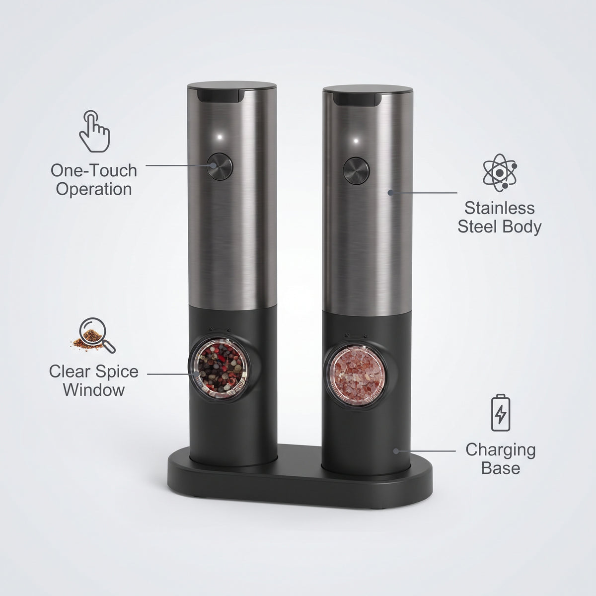 USB Rechargeable Electric Salt & Pepper Grinder with LED Light, Single Unit
