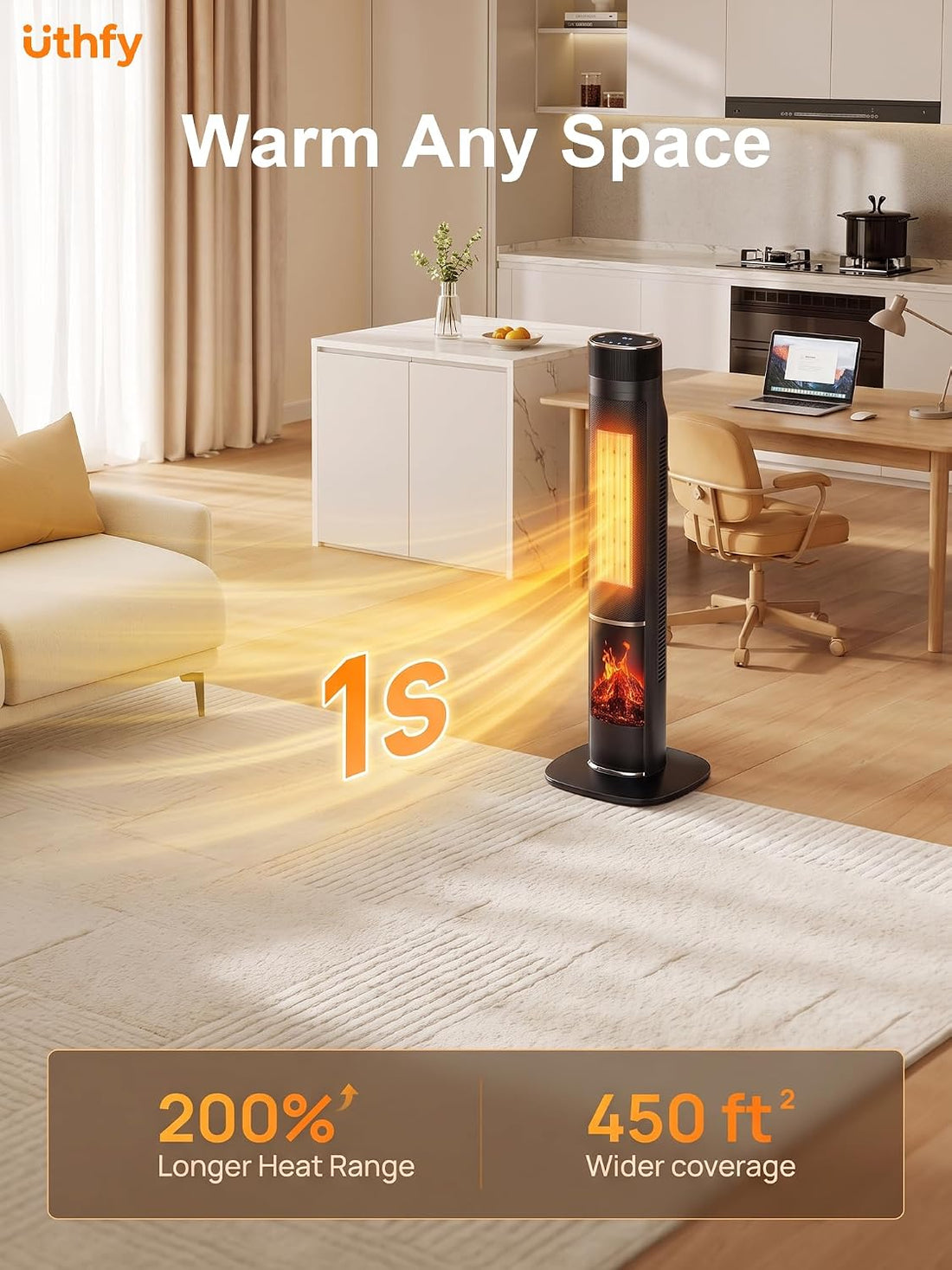 1500W Ceramic Tower Heater with 3D Flame Effect, 120° Oscillation and Remote - reference gallery 2