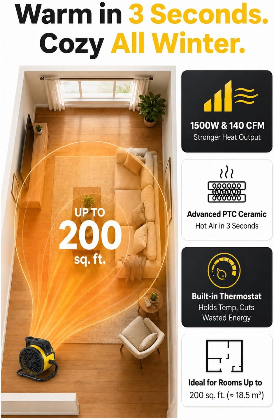 1500W Portable Ceramic Utility Heater with Adjustable Tilt and Thermostat - reference gallery 2