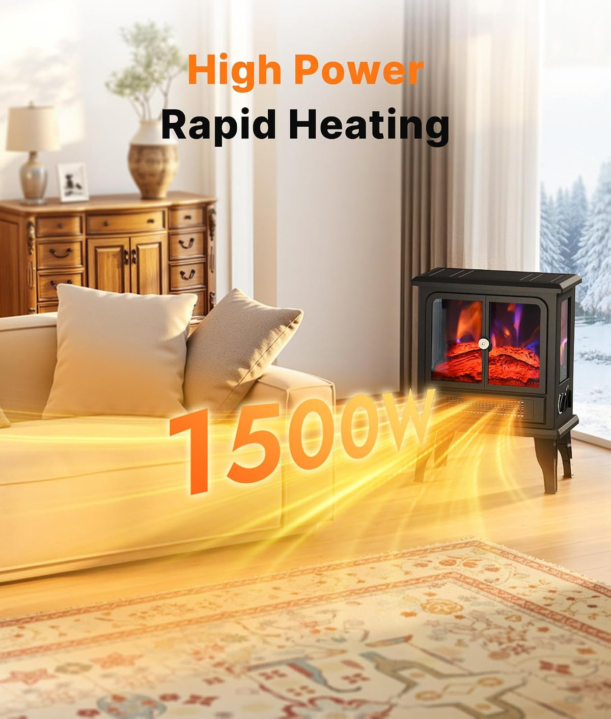 1500W Electric Fireplace Stove Heater with 3D Flame and 2 Heat Settings - reference gallery 4