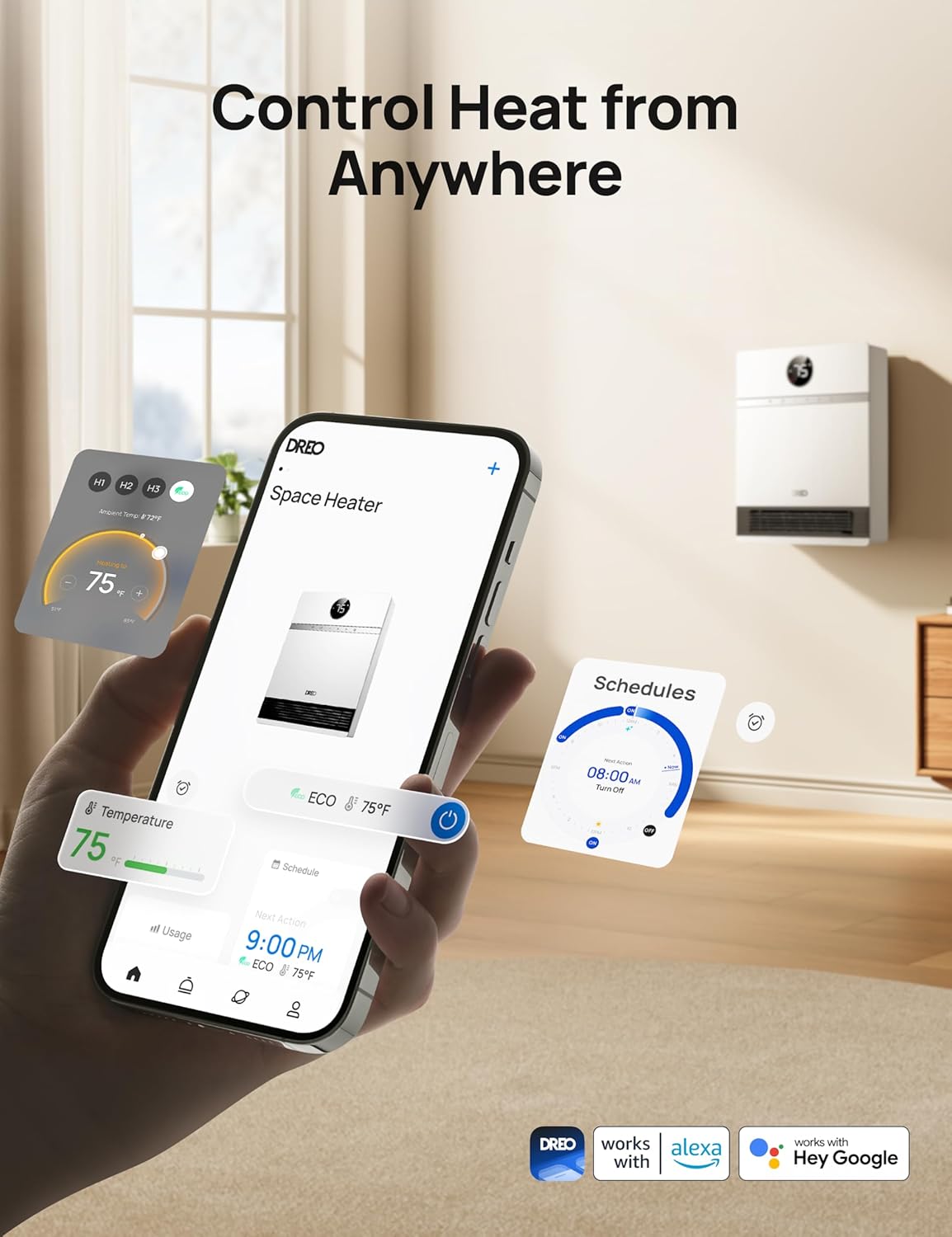 1500W Smart Wall Heater with Wi-Fi, Remote and Adjustable Air Outlet, White - reference gallery 4