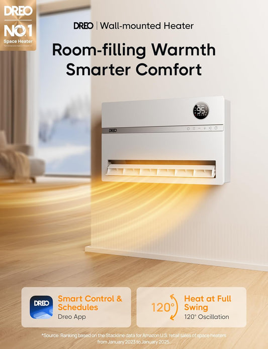 1500W Smart Wall Heater with Wi-Fi, 120° Oscillation and Remote, White - reference gallery 2