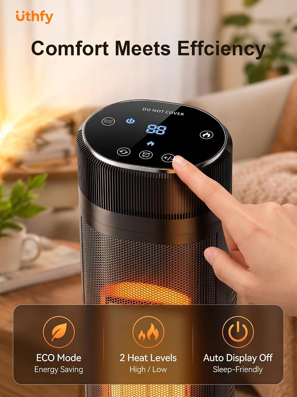 1500W Ceramic Tower Heater with 3D Flame Effect, 120° Oscillation and Remote - reference gallery 4
