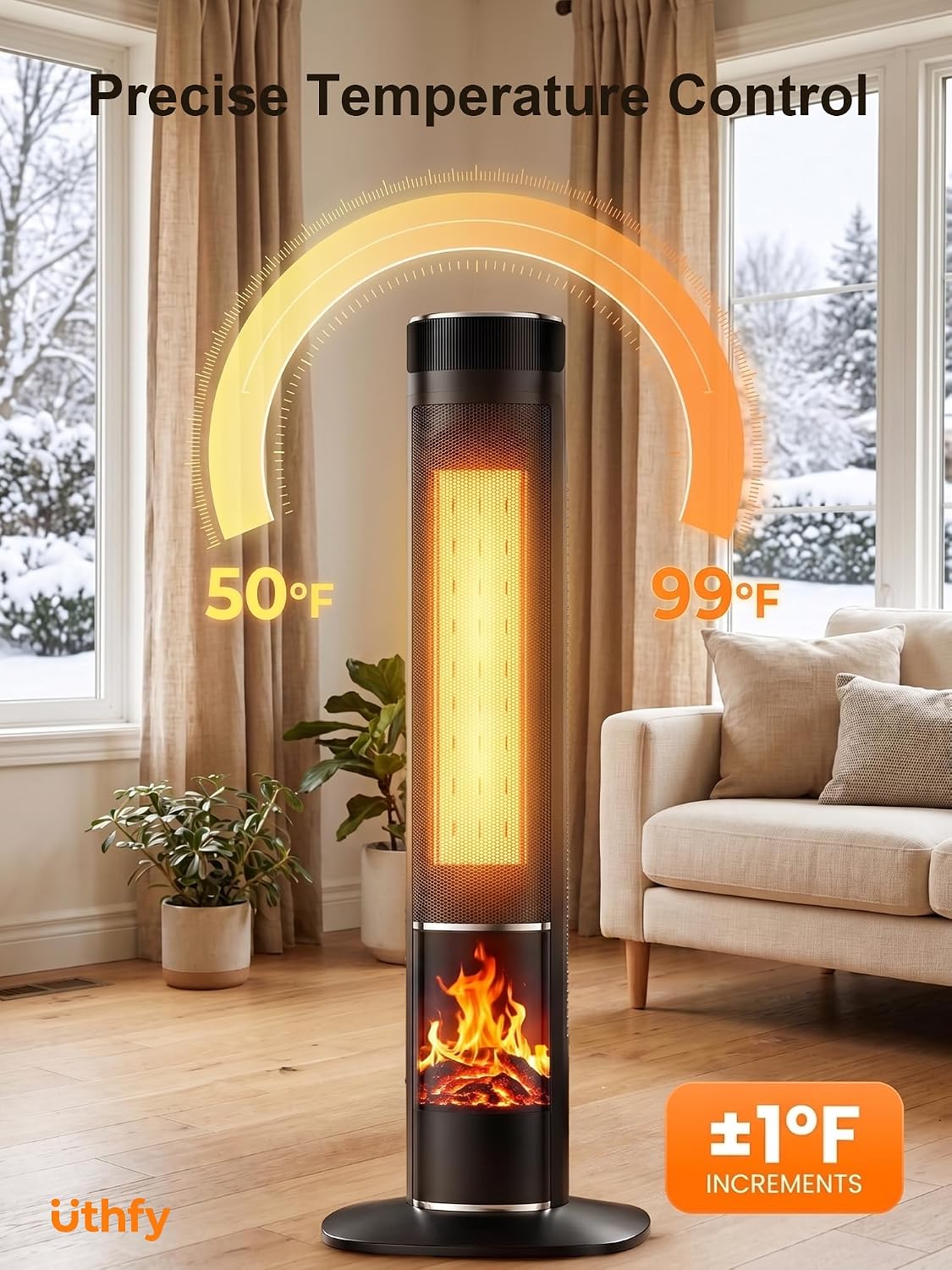 1500W Ceramic Tower Heater with 3D Flame Effect, 120° Oscillation and Remote - reference gallery 6