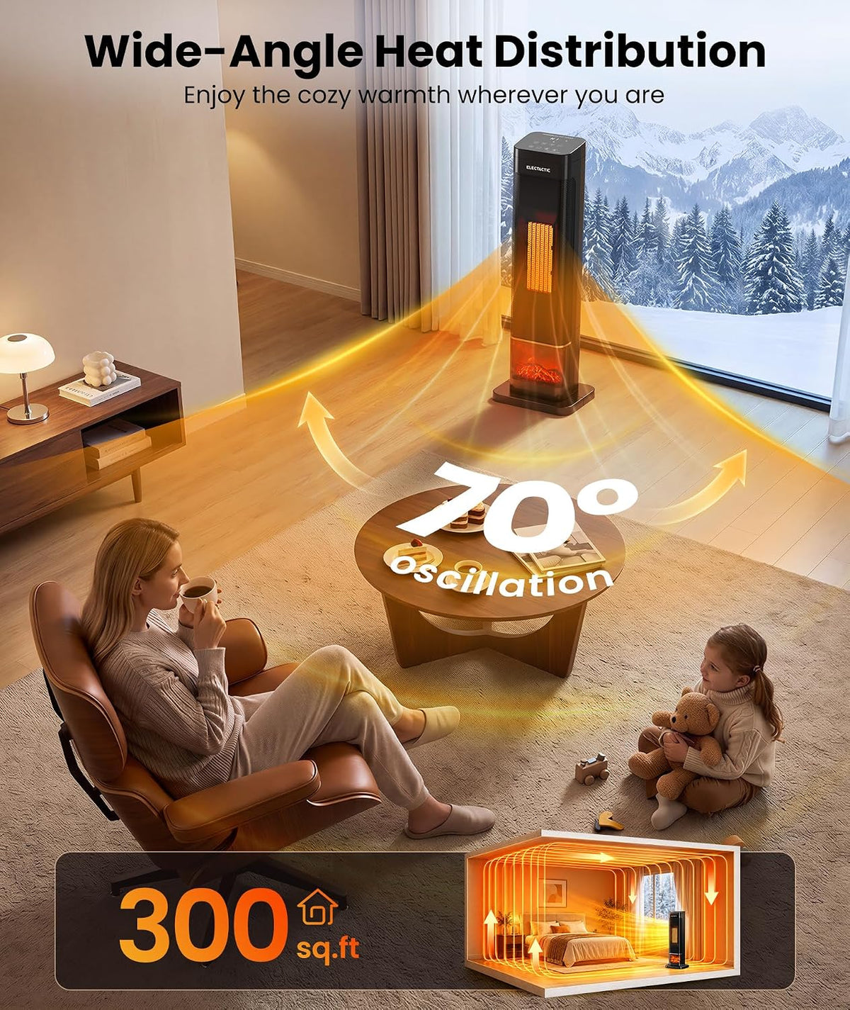 1500W Ceramic Tower Heater with 3-Color Flame Display, Remote and Timer - reference gallery 3