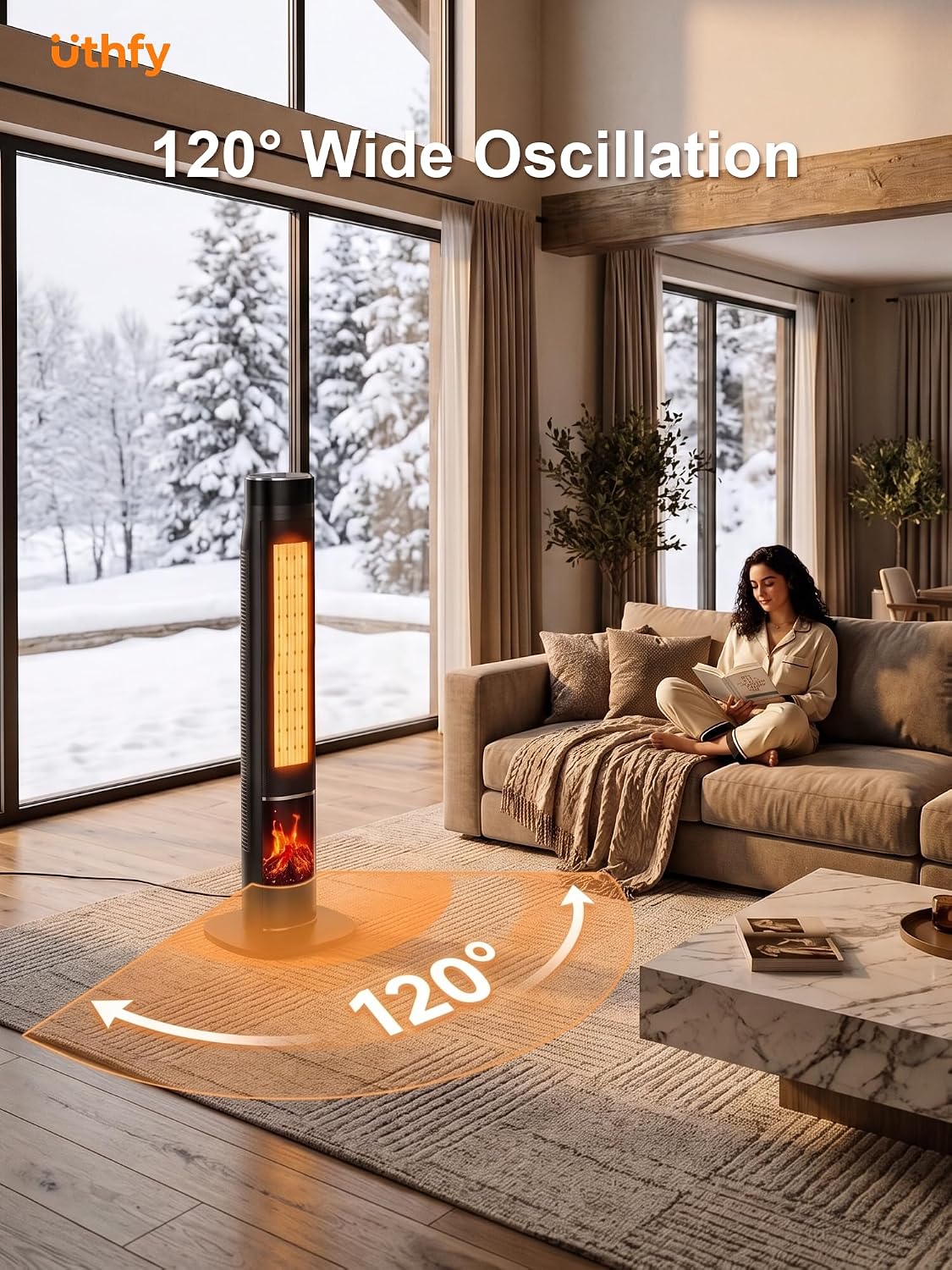 1500W Ceramic Tower Heater with 3D Flame Effect, 120° Oscillation and Remote - reference gallery 5