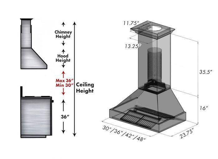 ZLINE 48" Wall Mount Range Hood Ducted Satin Stainless Steel Black Matte Shell 8654BLM-48