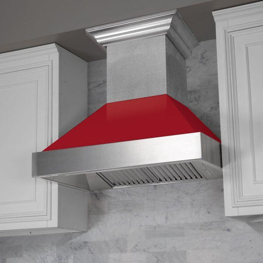 ZLINE 48" Wall Mount Range Hood Ducted Satin Stainless Steel Red Gloss Shell 400 CFM (8654RG-48)