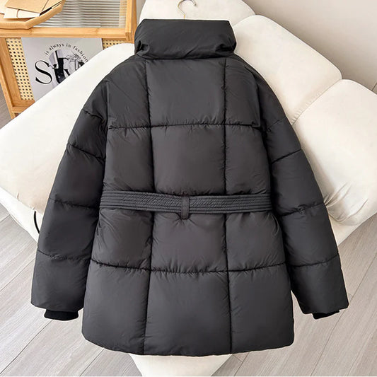 Petite Belted Mid-Length Puffer Coat – Winter Thermal Warm Jacket for Women