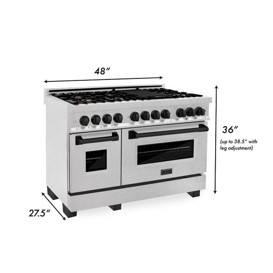 ZLINE Autograph 48 in. Legacy Dual Fuel Range with 7 Gas Burners and Double Electric Ovens (6.0 cu. ft.) in Satin Stainless Steel with Matte Black Accents – RASZ-SN-48-MB