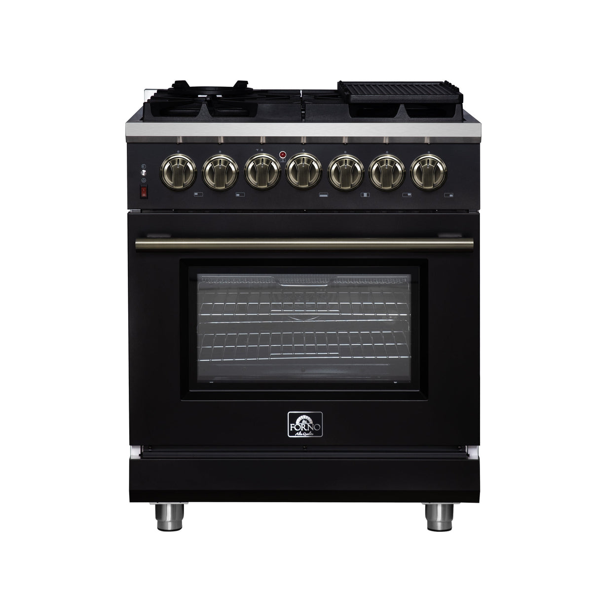 Forno Massimo 30-Inch Freestanding Dual Fuel Range, 4.32 cu. ft. Oven, 5 Sealed Burners, Air Fry Kit, Griddle, Wok Ring, Black with Antique Brass, Model FFSGS6125-30BLK
