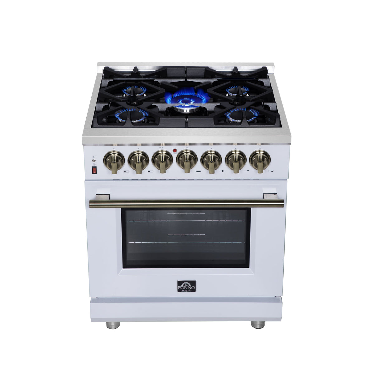 Forno Massimo 30-Inch Freestanding Dual Fuel Range, 4.32 cu. ft., 5 Sealed Burners, Air Fryer Kit, Wok Ring & Griddle, White with Antique Brass Accents (Model FFSGS6125-30WHT)