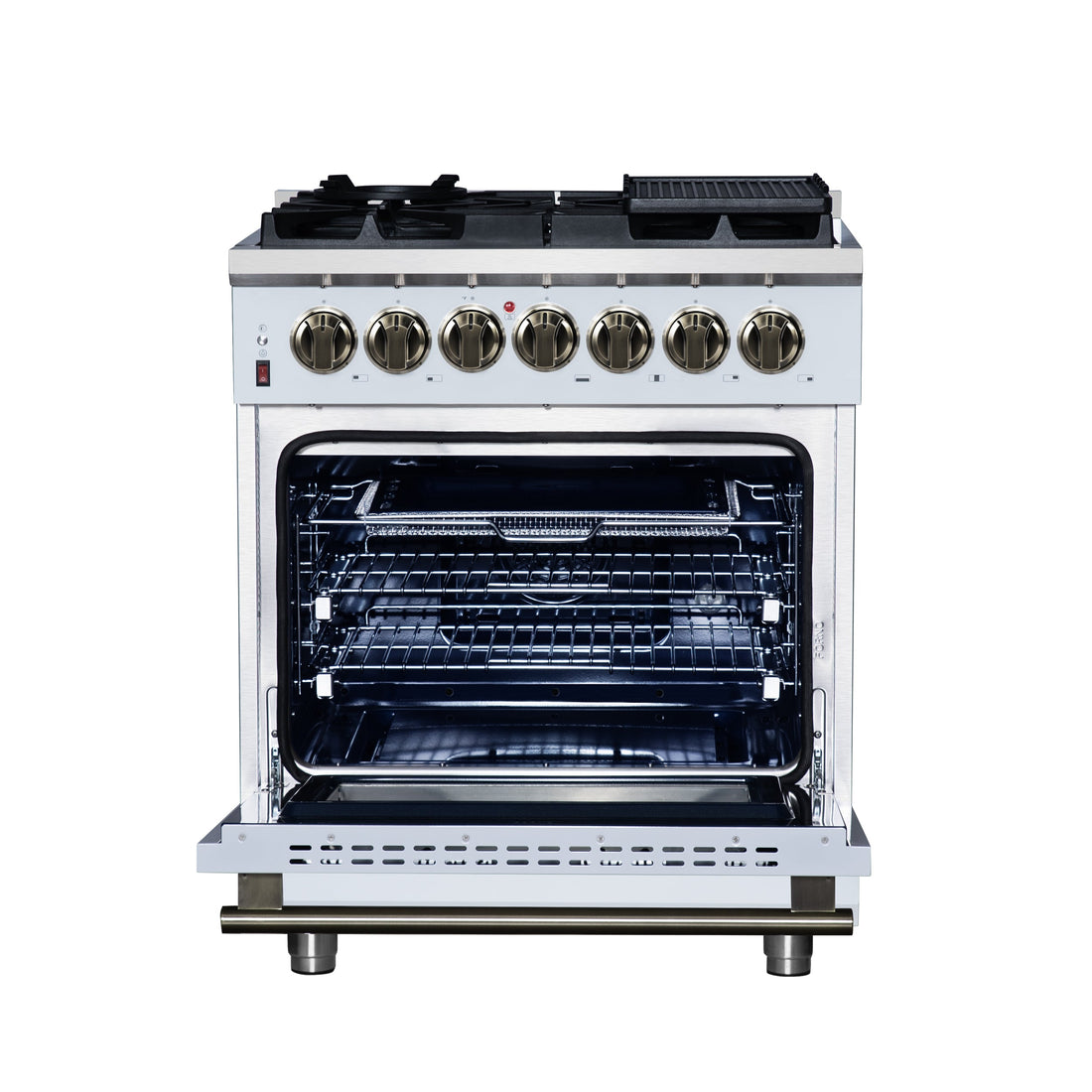 Forno Massimo 30-Inch Freestanding Dual Fuel Range, 4.32 cu. ft., 5 Sealed Burners, Air Fryer Kit, Wok Ring & Griddle, White with Antique Brass Accents (Model FFSGS6125-30WHT)