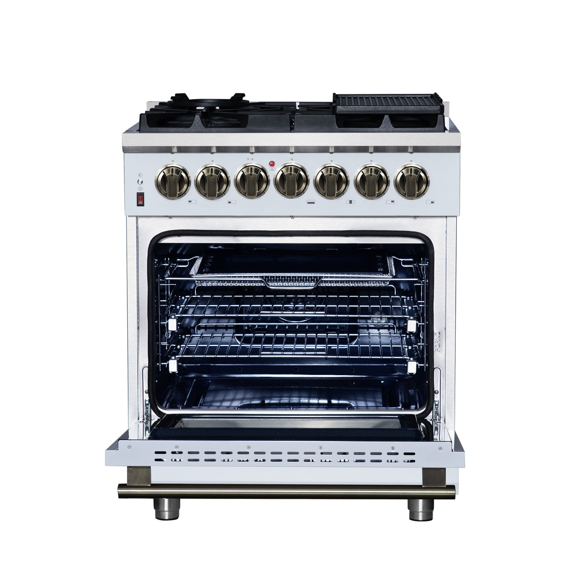 Forno Massimo 30-Inch Freestanding Dual Fuel Range, 4.32 cu. ft., 5 Sealed Burners, Air Fryer Kit, Wok Ring & Griddle, White with Antique Brass Accents (Model FFSGS6125-30WHT)