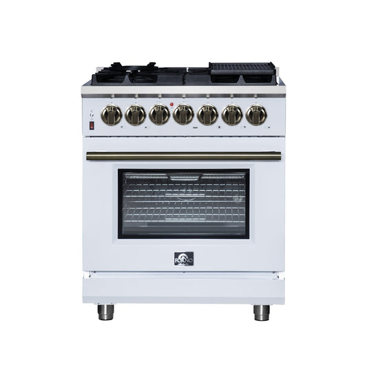 Forno Massimo 30-Inch Freestanding Dual Fuel Range, 4.32 cu. ft., 5 Sealed Burners, Air Fryer Kit, Wok Ring & Griddle, White with Antique Brass Accents (Model FFSGS6125-30WHT)