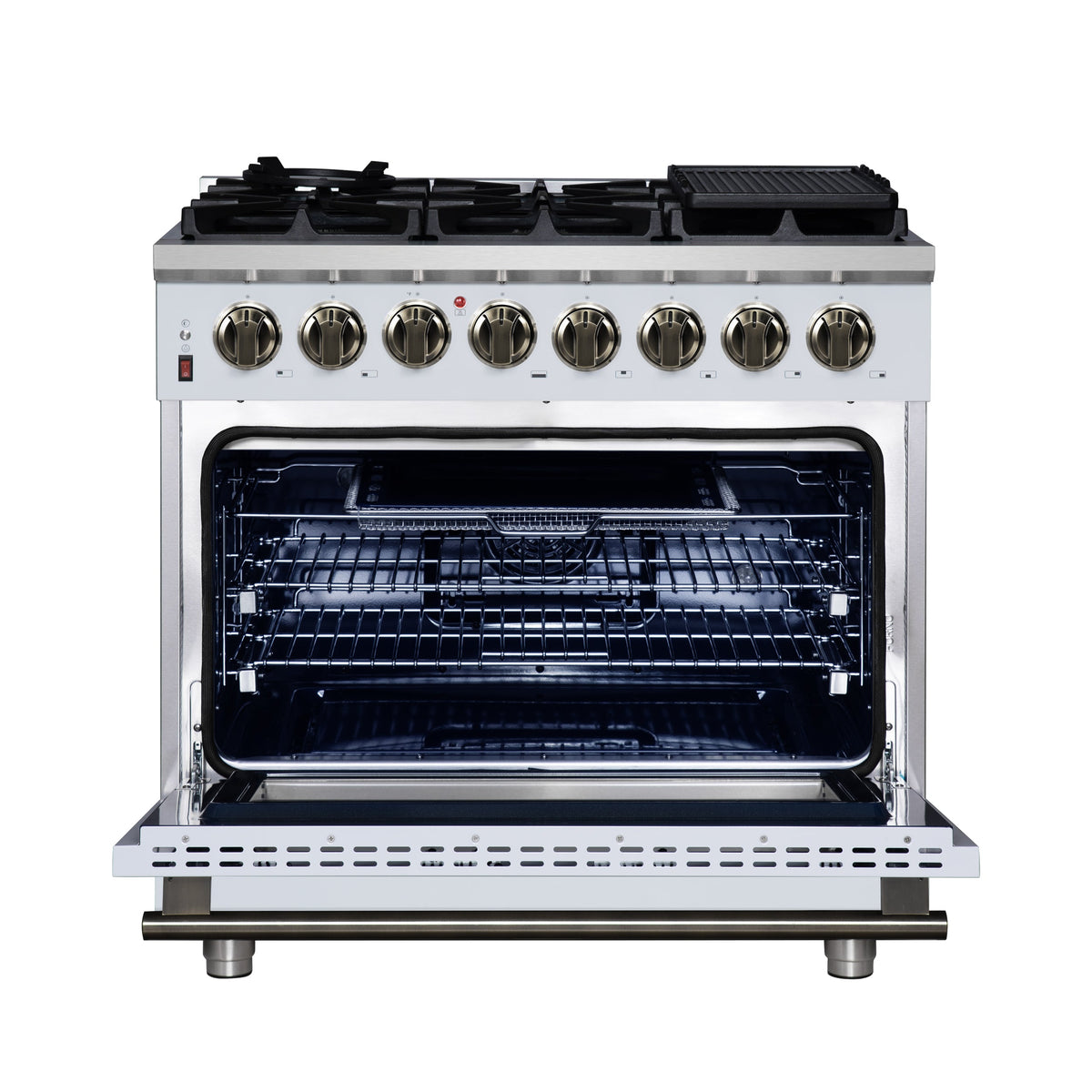 FORNO Massimo 36-Inch Freestanding Dual Fuel Range, 6 Sealed Burners, 5.36 cu. ft. Convection Oven, Air Fry Basket, Wok Support, Griddle, Black with Antique Brass Accents (Model FFSGS6125-36WHT)