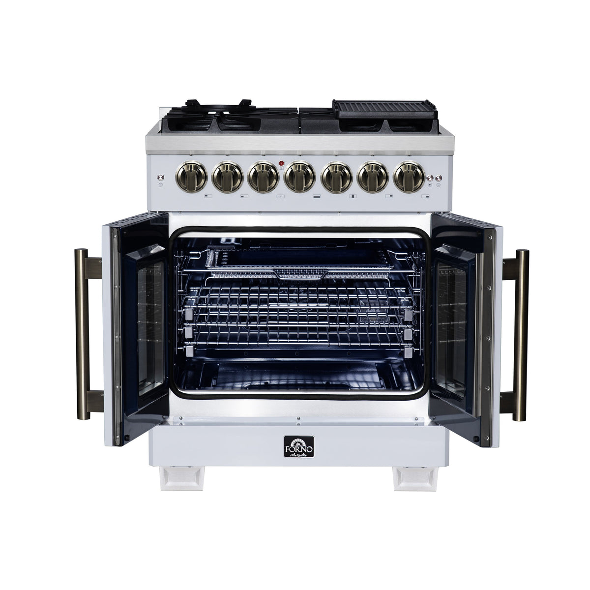Forno Capriasca 30-Inch Freestanding Dual Fuel Range, 4.32 cu. ft. Oven, 5 Sealed Brass Burners, French Door, White with Antique Brass Accents (Model FFSGS6387-30WHT)