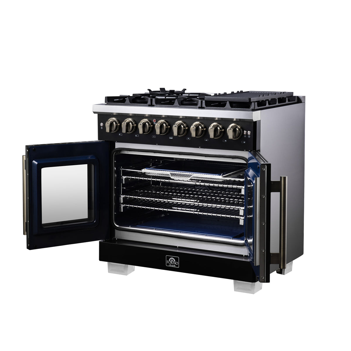 Forno Capriasca 36-Inch Dual Fuel Range, 5.36 Cu. Ft., 6 Sealed Brass Burners, Black with Antique Brass Accents, FFSGS6387-36BLK