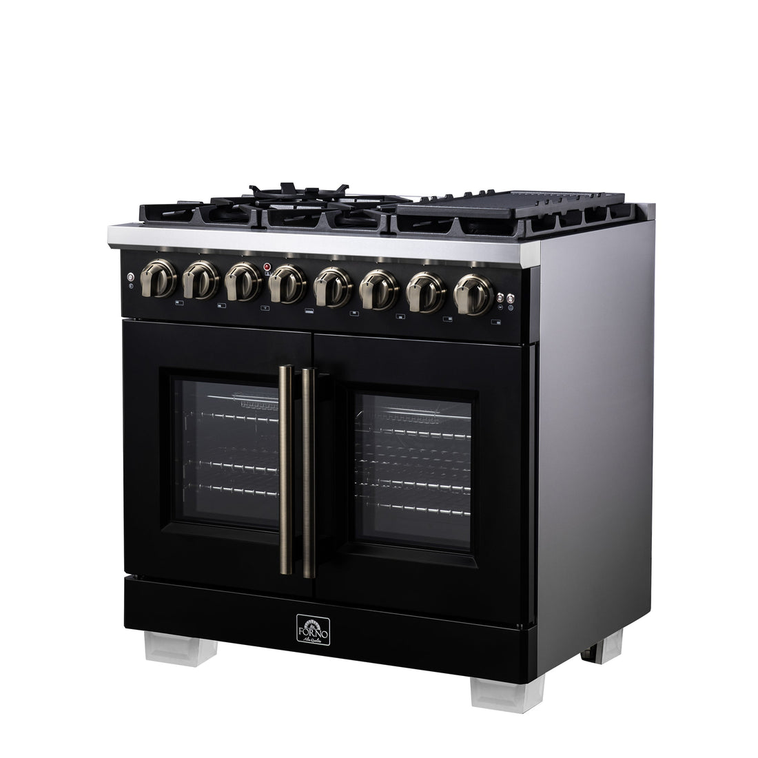 Forno Capriasca 36-Inch Dual Fuel Range, 5.36 Cu. Ft., 6 Sealed Brass Burners, Black with Antique Brass Accents, FFSGS6387-36BLK