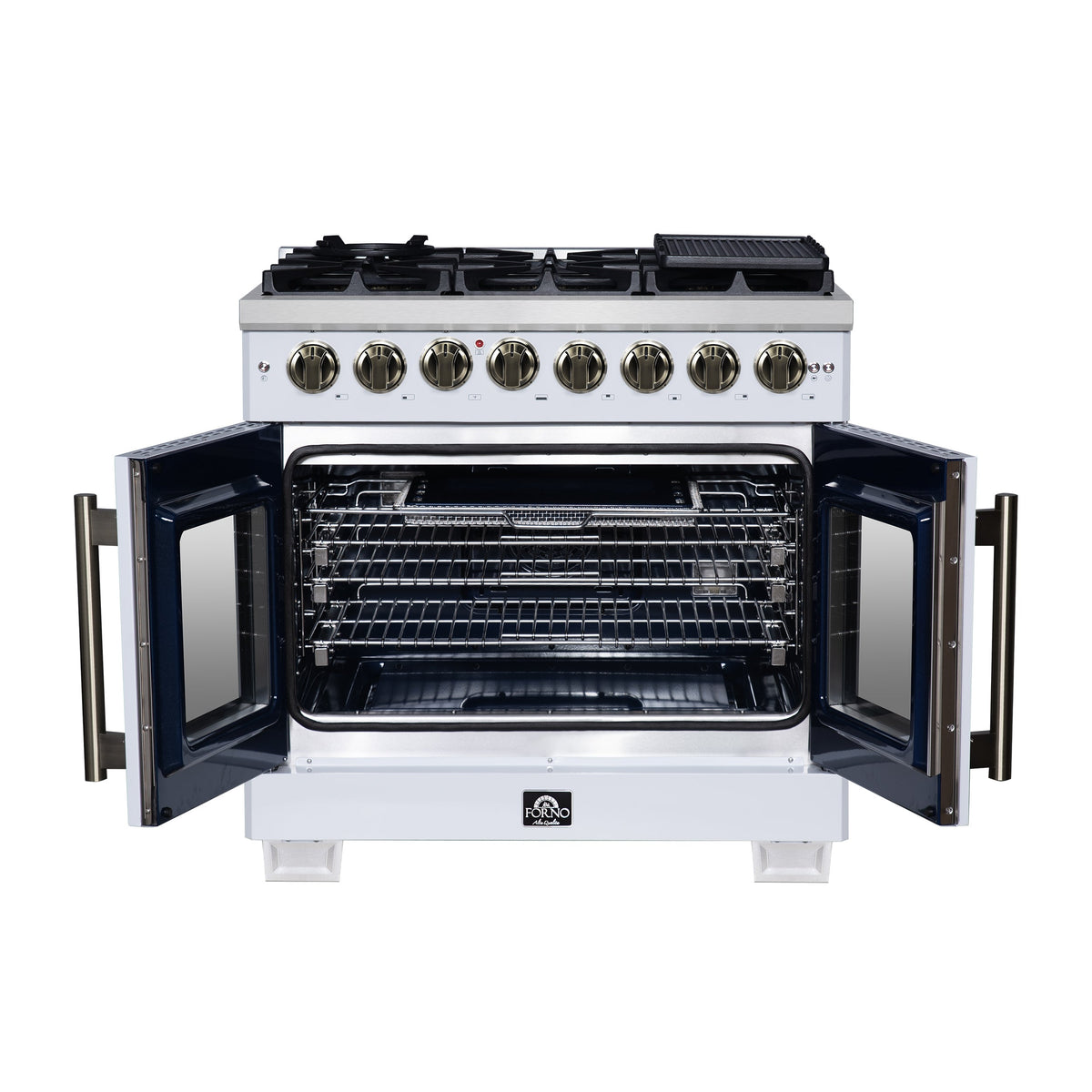 Forno Capriasca 36-Inch Dual Fuel Freestanding Range, 5.36 cu. ft. Oven, 6 Sealed Brass Burners, Air Fry Basket, Rotisserie Kit, Wok Ring & Griddle, White with Antique Brass Acccents (FFSGS6387-36WHT)