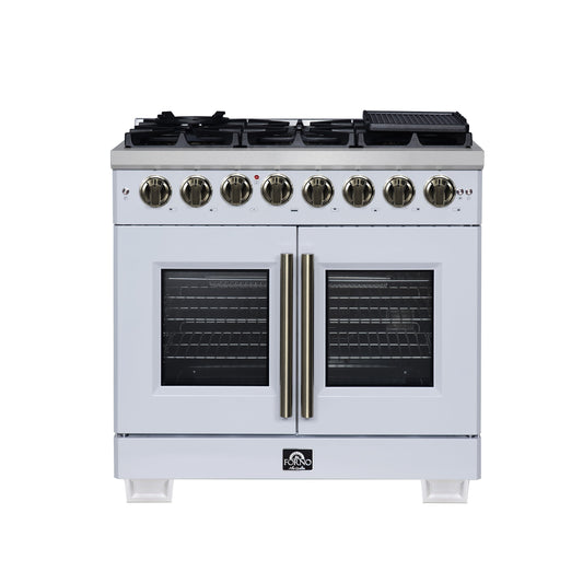 Forno Capriasca 36-Inch Dual Fuel Freestanding Range, 5.36 cu. ft. Oven, 6 Sealed Brass Burners, Air Fry Basket, Rotisserie Kit, Wok Ring & Griddle, White with Antique Brass Acccents (FFSGS6387-36WHT)