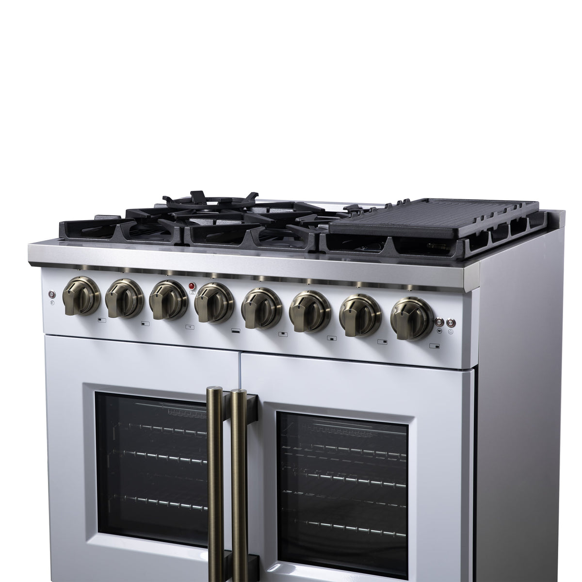 Forno Capriasca 36-Inch Dual Fuel Freestanding Range, 5.36 cu. ft. Oven, 6 Sealed Brass Burners, Air Fry Basket, Rotisserie Kit, Wok Ring & Griddle, White with Antique Brass Acccents (FFSGS6387-36WHT)
