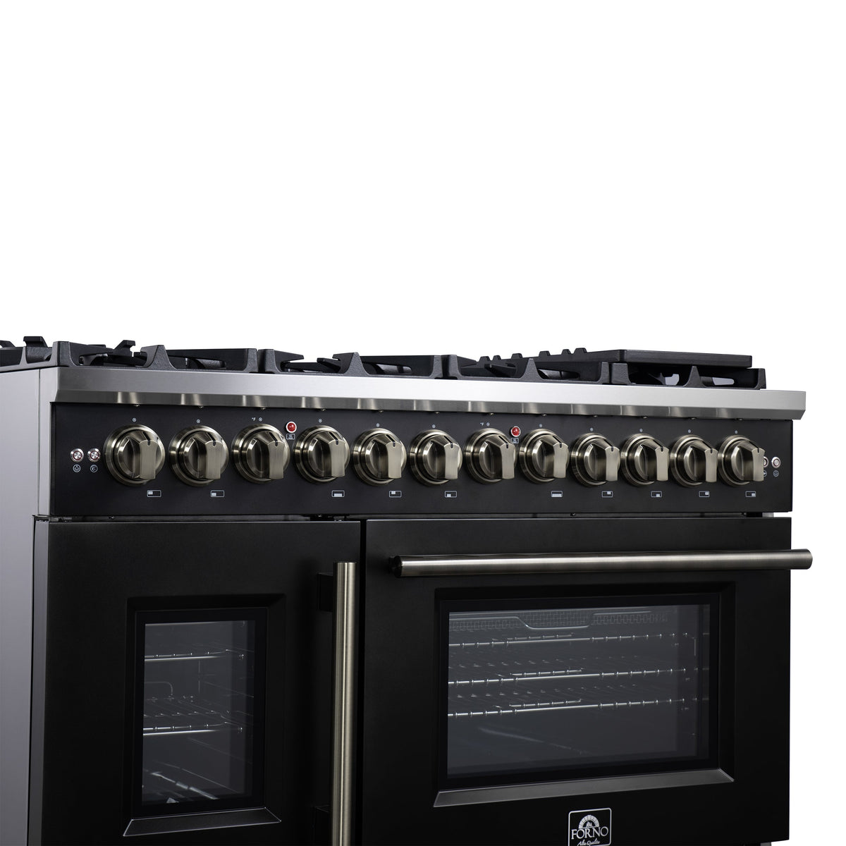 Forno Capriasca 48-Inch Dual Fuel Range, 6.58 cu. ft. Oven, 8 Sealed Brass Burners, Air Fryer Kit, Rotisserie Kit, Wok Ring & Griddle, Black with Antique Brass Accents (FFSGS6387-48BLK)
