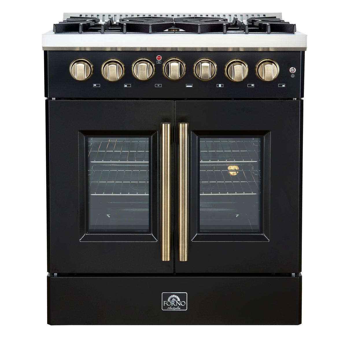 Forno Galiano 30-Inch Dual Fuel Range, 4.32 cu. ft., 5 Sealed Burners, French Door Oven, Black with Antique Brass Accents (Model FFSGS6356-30BLK)