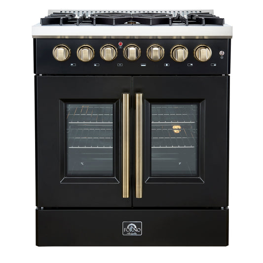 Forno Galiano 30-Inch Dual Fuel Range, 4.32 cu. ft., 5 Sealed Burners, French Door Oven, Black with Antique Brass Accents (Model FFSGS6356-30BLK)