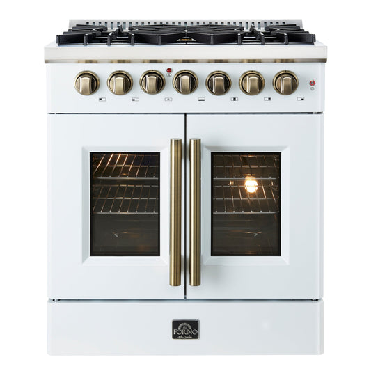 Forno Galiano 30-Inch Dual Fuel Range with French Door Oven, 5 Sealed Burners, 4.32 cu. ft., White with Antique Brass Accents (Model FFSGS6356-30WHT)