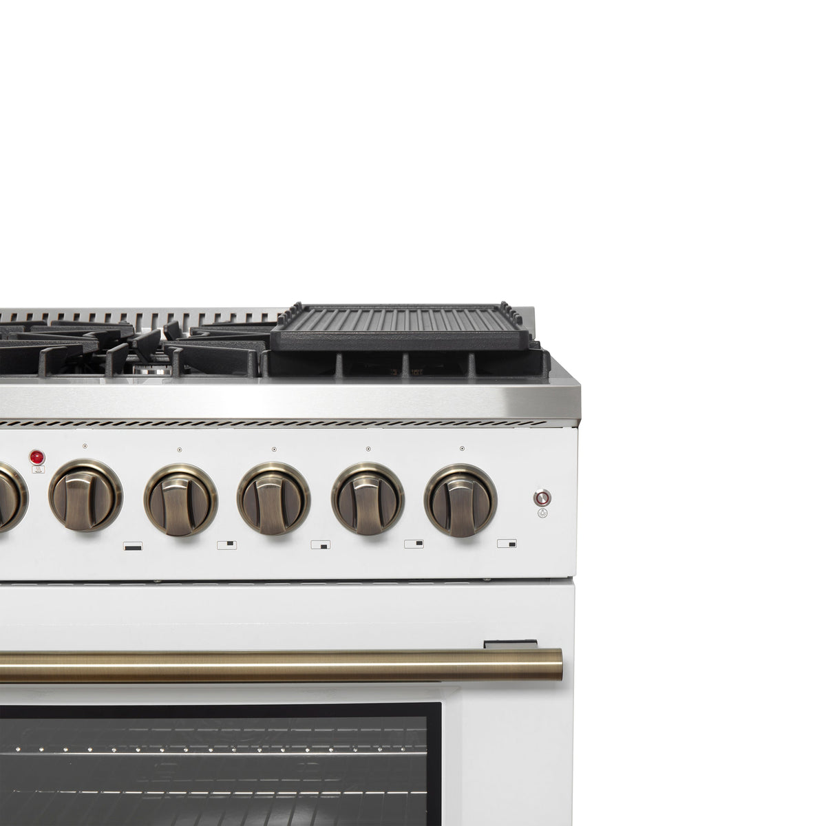 Forno Galiano 48-Inch Dual Fuel Range, 6.58 cu. ft., French Door Oven, 8 Sealed Burners with Griddle, White with Antique Brass Accents (Model FFSGS6356-48WHT)