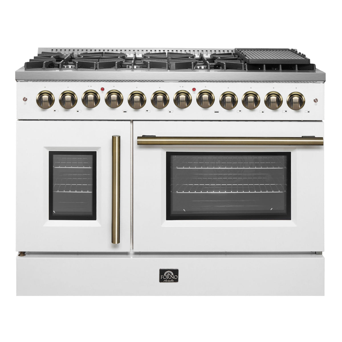 Forno Galiano 48-Inch Dual Fuel Range, 6.58 cu. ft., French Door Oven, 8 Sealed Burners with Griddle, White with Antique Brass Accents (Model FFSGS6356-48WHT)