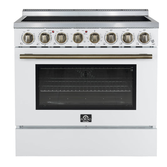 Forno Paolo 36-Inch Freestanding Electric Range with 5.44 cu. ft. True Convection Oven, White with Antique Brass Accents (FFSEL6011-36WHT)