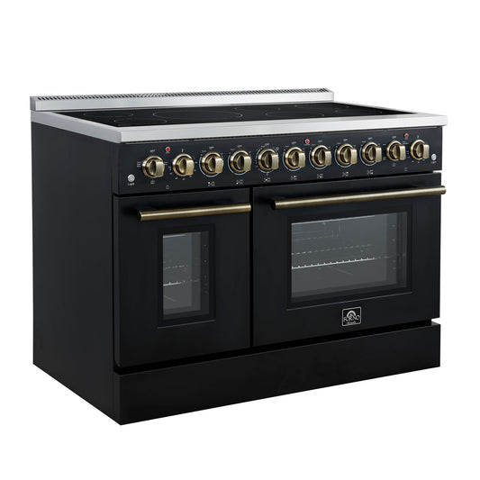 Forno Paolo 48-Inch Freestanding Electric Range, 6.7 cu. ft. True Convection Oven, Black with Antique Brass Accents (Model FFSEL6011-48BLK)