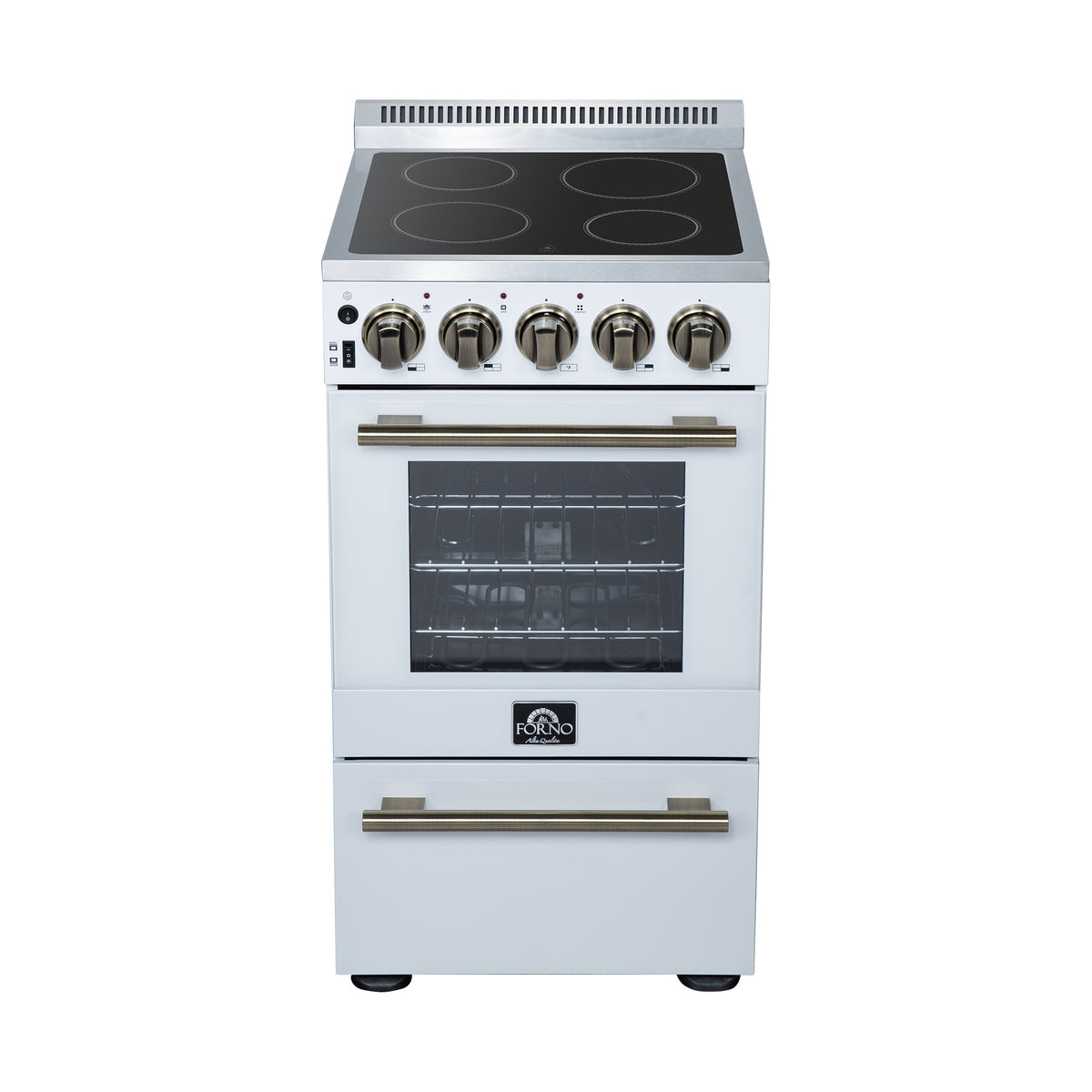 Forno Pallerno 20-Inch Freestanding Electric Range, 2.05 cu ft, 4 Radiant Elements, Storage Drawer, White with Antique Brass Accents (Model FFSEL6052-20WHT)