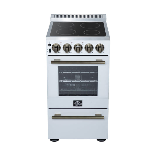 Forno Pallerno 20-Inch Freestanding Electric Range, 2.05 cu ft, 4 Radiant Elements, Storage Drawer, White with Antique Brass Accents (Model FFSEL6052-20WHT)