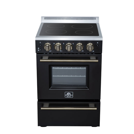 Forno Loiano 24 in. Freestanding Electric Range, 2.3 cu. ft., 4 Radiant Elements, Storage Drawer, Air Fryer Kit, Black with Antique Brass Accents (FFSEL6069-24BLK)