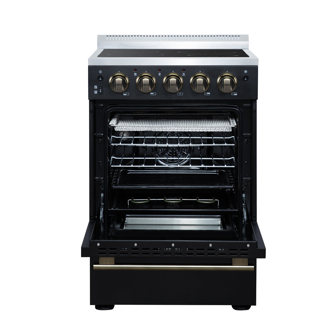 Forno Loiano 24 in. Freestanding Electric Range, 2.3 cu. ft., 4 Radiant Elements, Storage Drawer, Air Fryer Kit, Black with Antique Brass Accents (FFSEL6069-24BLK)