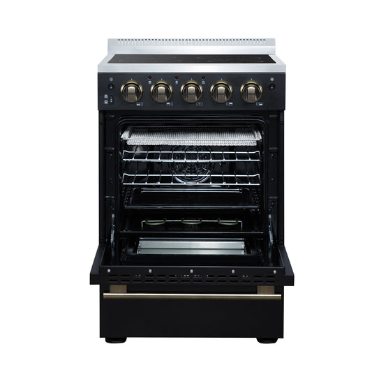 Forno Loiano 24 in. Freestanding Electric Range, 2.3 cu. ft., 4 Radiant Elements, Storage Drawer, Air Fryer Kit, Black with Antique Brass Accents (FFSEL6069-24BLK)
