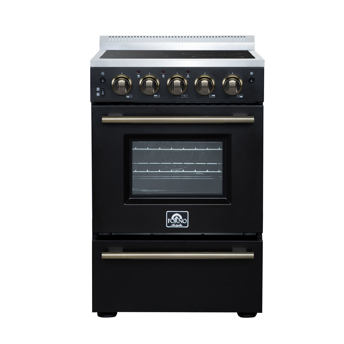 Forno Loiano 24 in. Freestanding Electric Range, 2.3 cu. ft., 4 Radiant Elements, Storage Drawer, Air Fryer Kit, Black with Antique Brass Accents (FFSEL6069-24BLK)