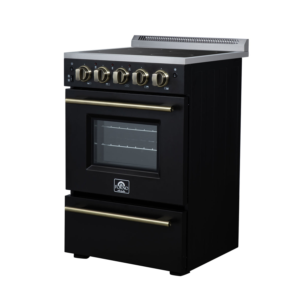 Forno Loiano 24 in. Freestanding Electric Range, 2.3 cu. ft., 4 Radiant Elements, Storage Drawer, Air Fryer Kit, Black with Antique Brass Accents (FFSEL6069-24BLK)