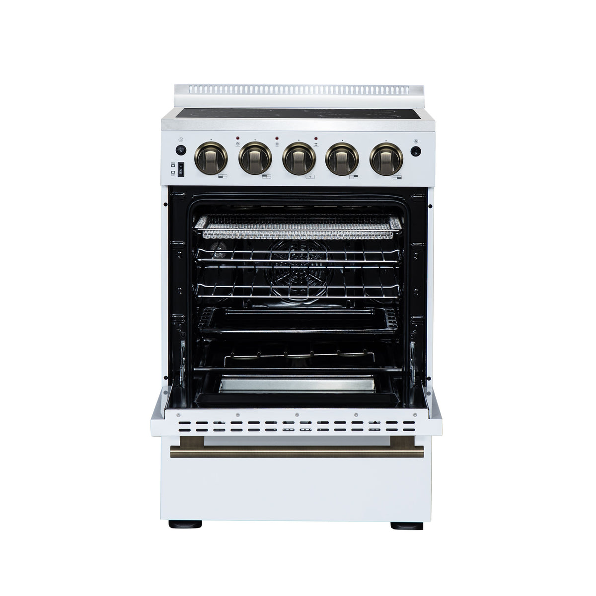 Forno Loiano 24-Inch Freestanding Electric Range, 2.3 cu. ft. Oven, 4 Radiant Elements, Storage Drawer, Air Fryer Kit, White with Antique Brass Accents (FFSEL6069-24WHT)