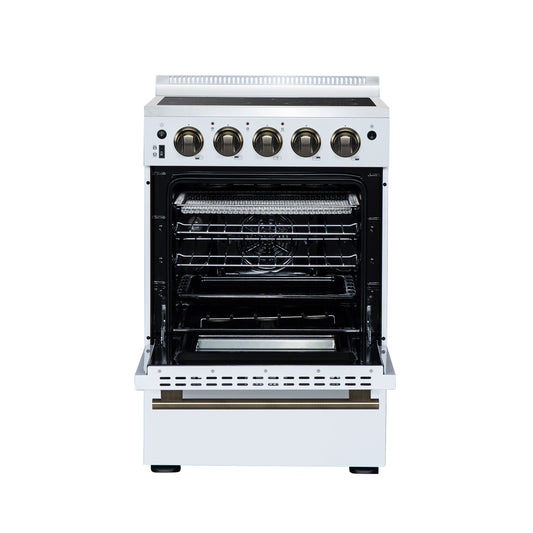Forno Loiano 24-Inch Freestanding Electric Range, 2.3 cu. ft. Oven, 4 Radiant Elements, Storage Drawer, Air Fryer Kit, White with Antique Brass Accents (FFSEL6069-24WHT)