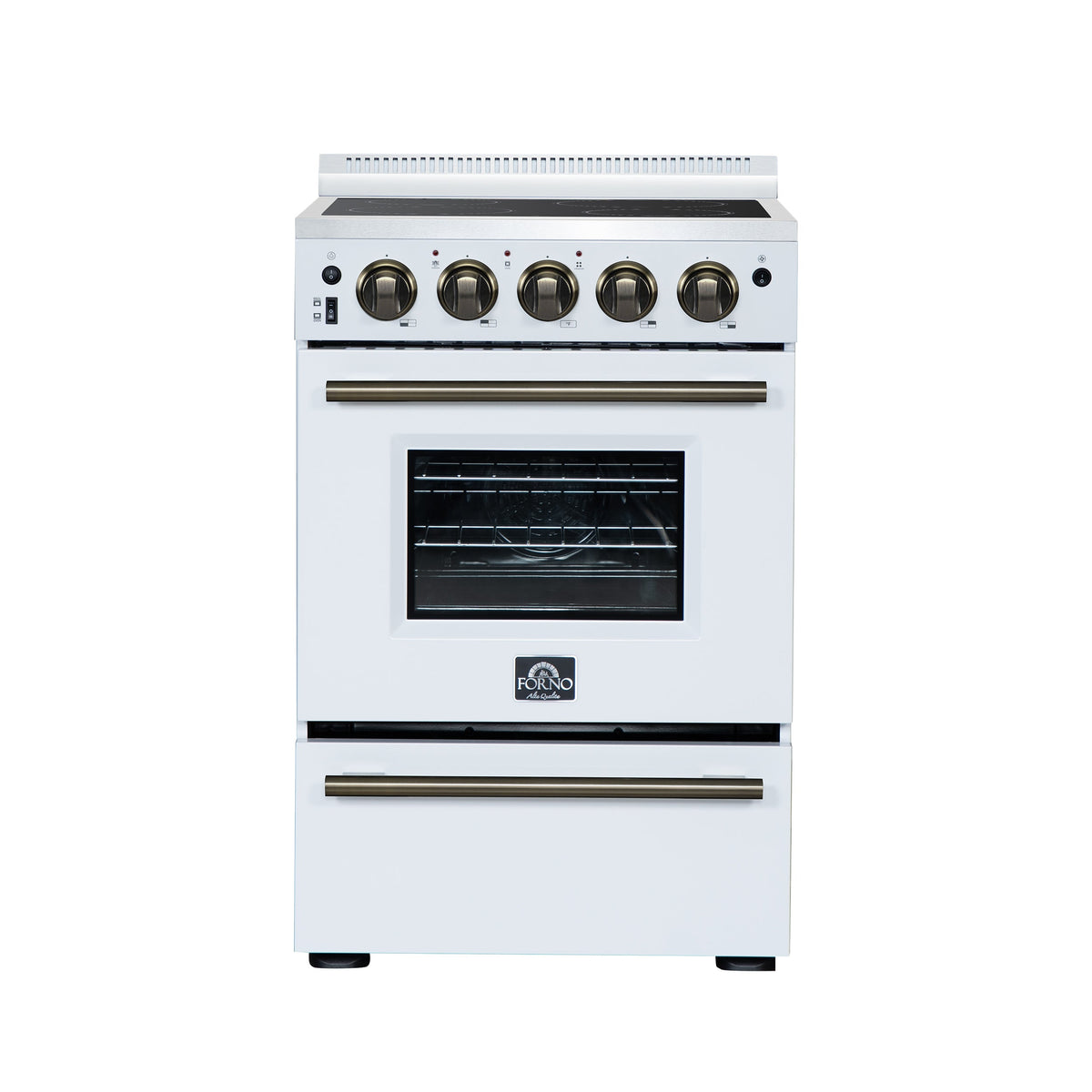 Forno Loiano 24-Inch Freestanding Electric Range, 2.3 cu. ft. Oven, 4 Radiant Elements, Storage Drawer, Air Fryer Kit, White with Antique Brass Accents (FFSEL6069-24WHT)